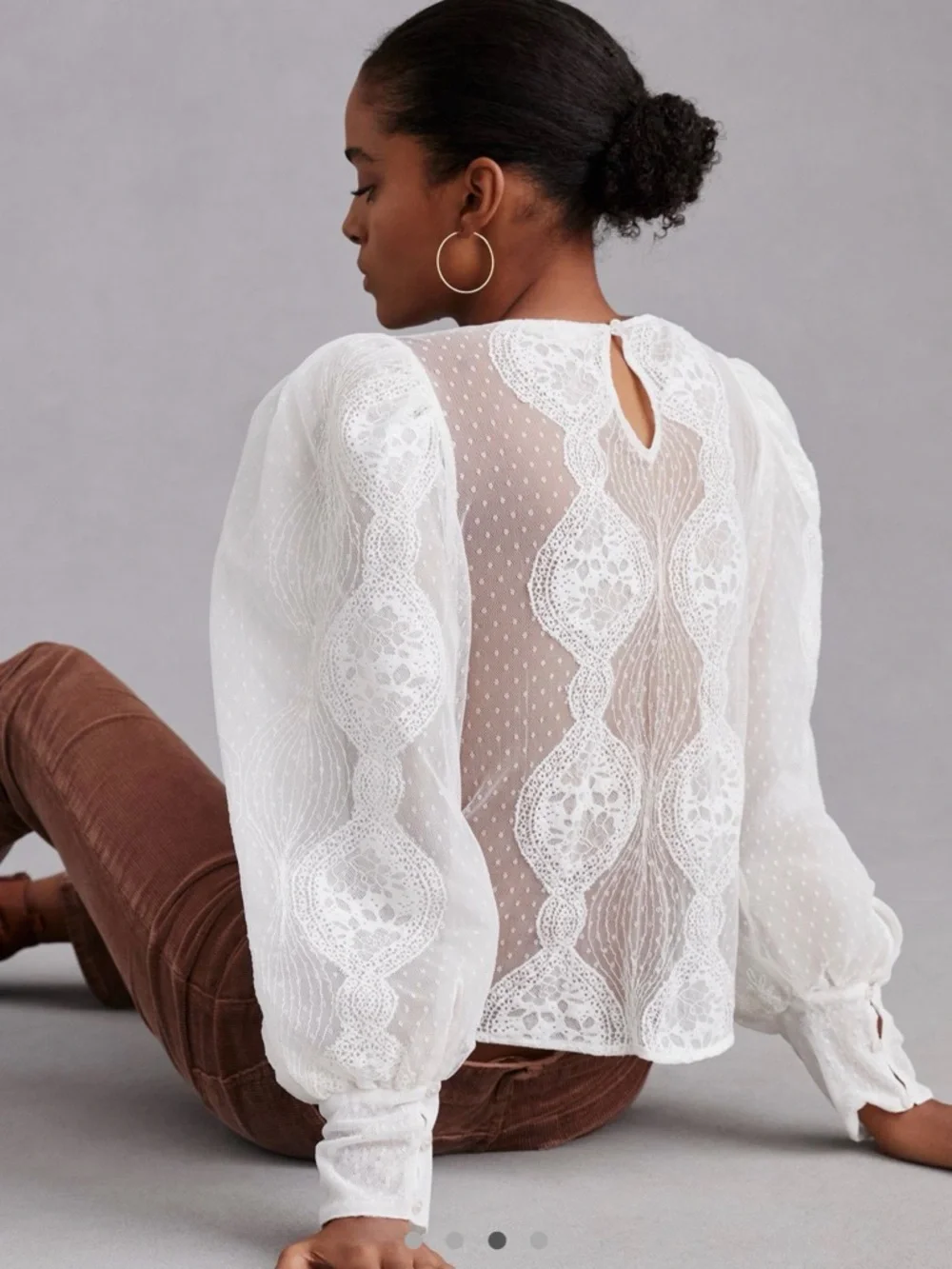 Anthropologie White Sheer Lace Puff-Sleeve Blouse